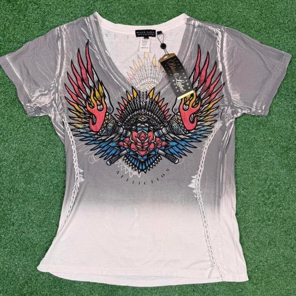 Deadstock Affliction Black Label flame eagle rhinestone graphic tee  Size: XL